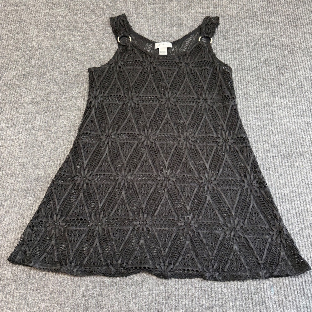 J Valdi Small Black Crochet Tank Dress Swim Cover Up Lace Ring Strap Beach